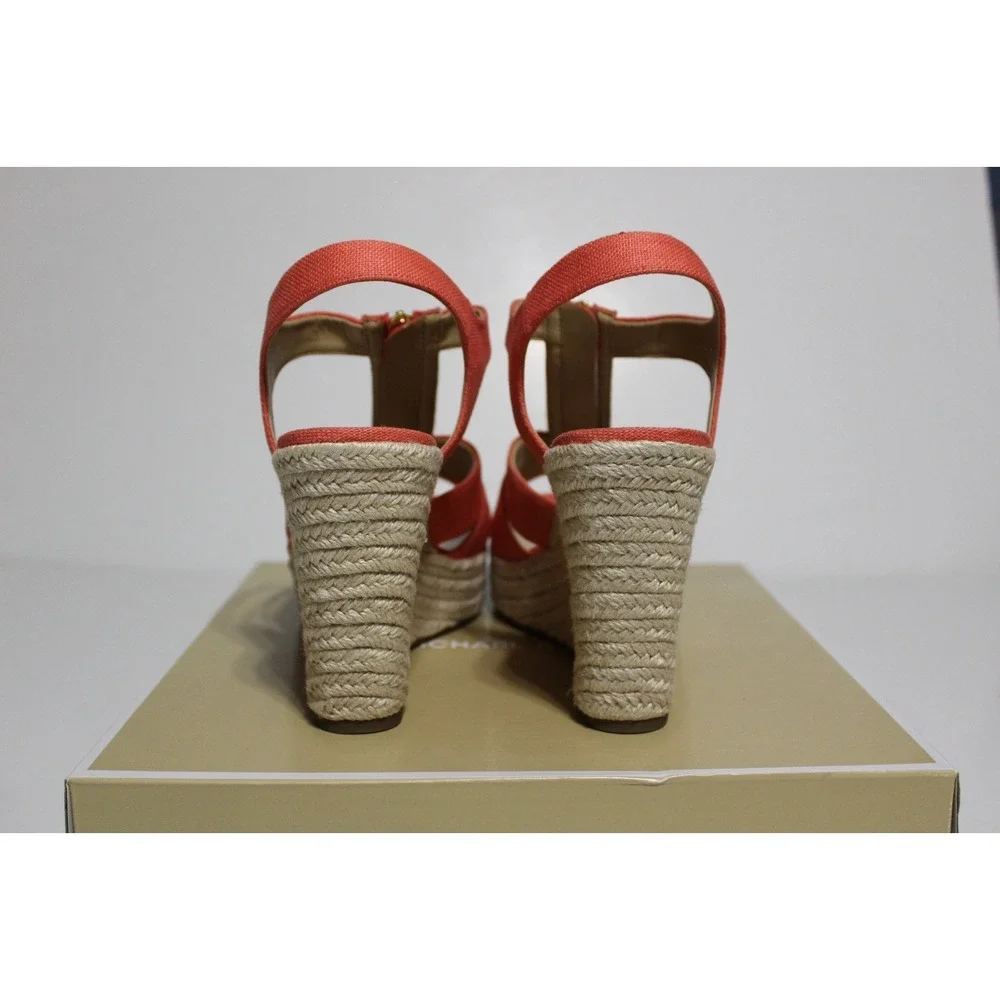 Michael Kors Berkley Womens 10 M Espadrille Pink Canvas Front Zip Wedge Sandal